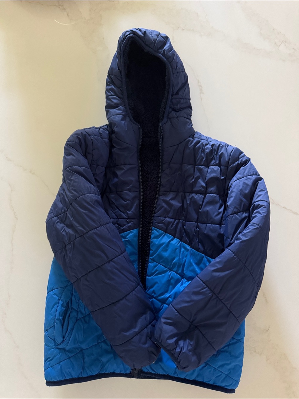 Kids Eddie Bauer Reversible Two-Tone Blue Hooded Puffer Jacket